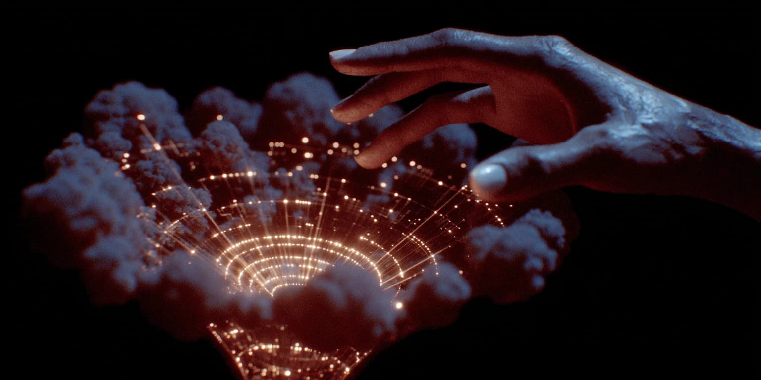Eine Hand greift nach einem von Wolken umgebenen Trichter aus leuchtenden konzentrischen Linien und Lichtpunkten vor Schwarz.