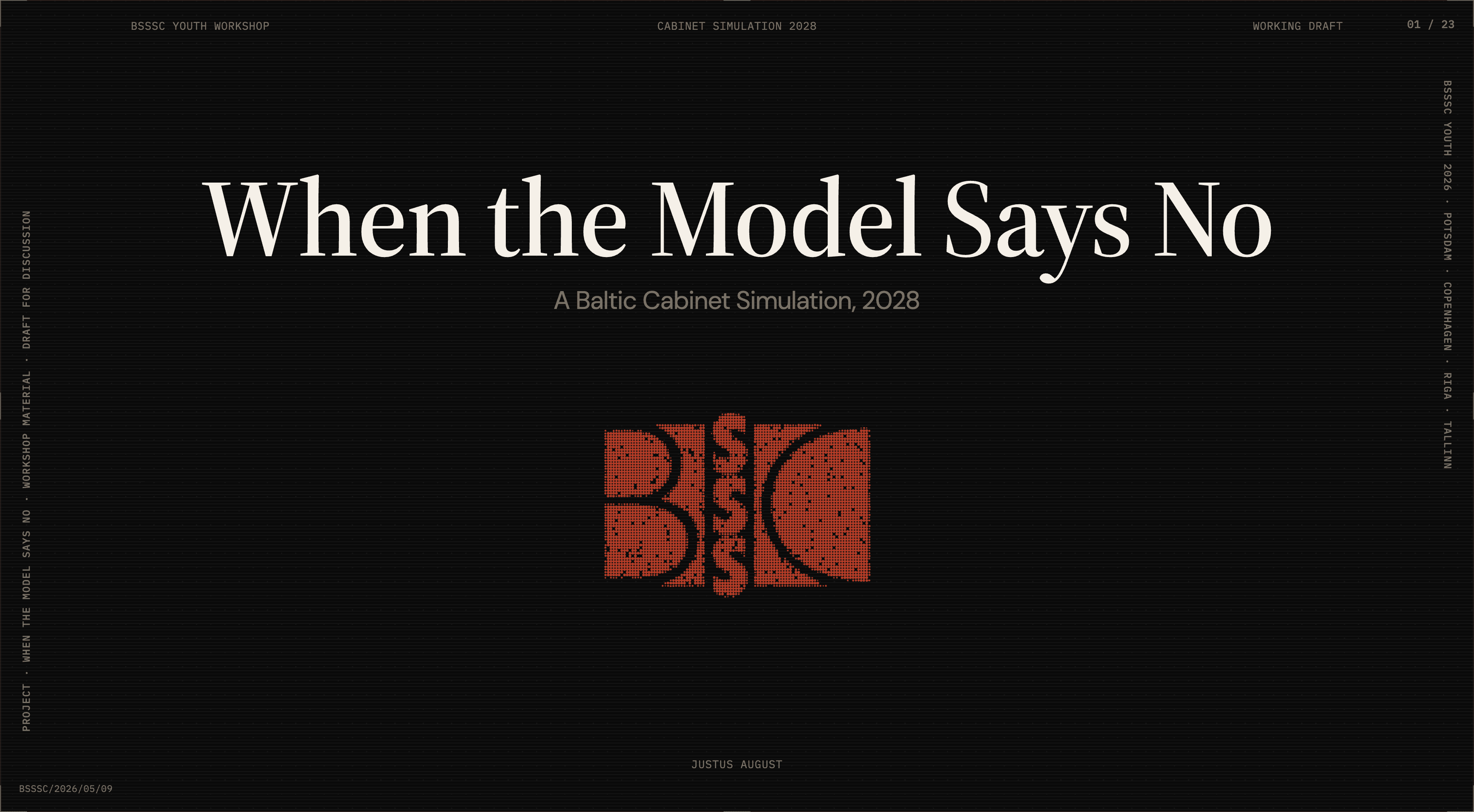 Titelfolie des Workshops „When the Model Says No — A Baltic Cabinet Simulation, 2028