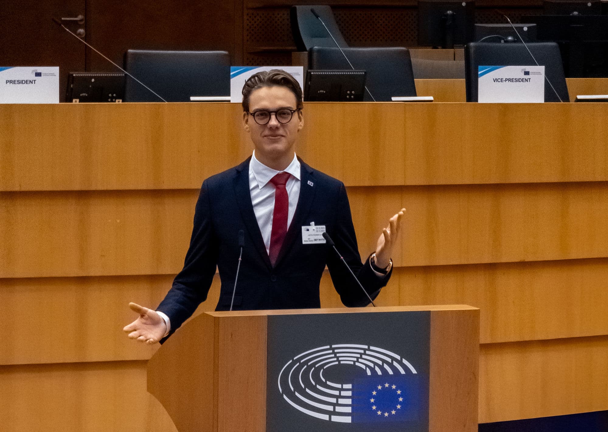 Justus August speaking at the European Parliament, Brussels